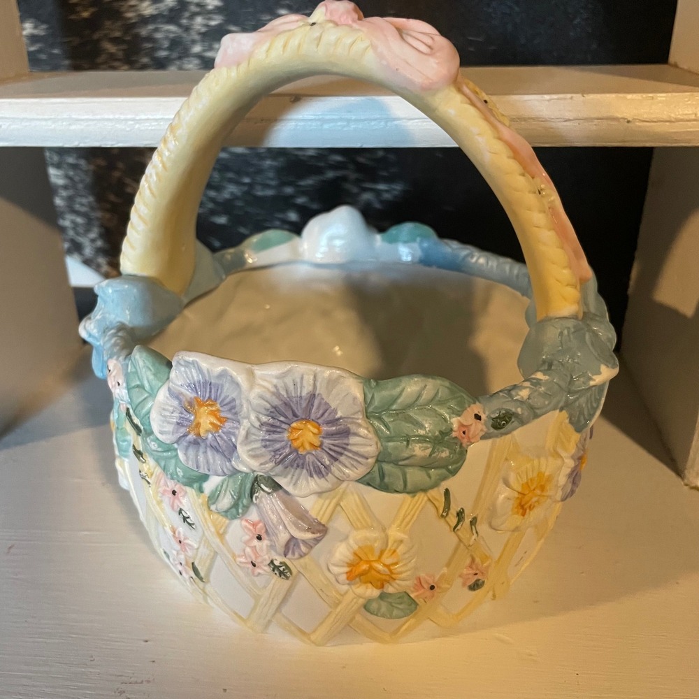 Ceramic Basket Floral Embossed Pastel Colors Easter Spring Decor‎